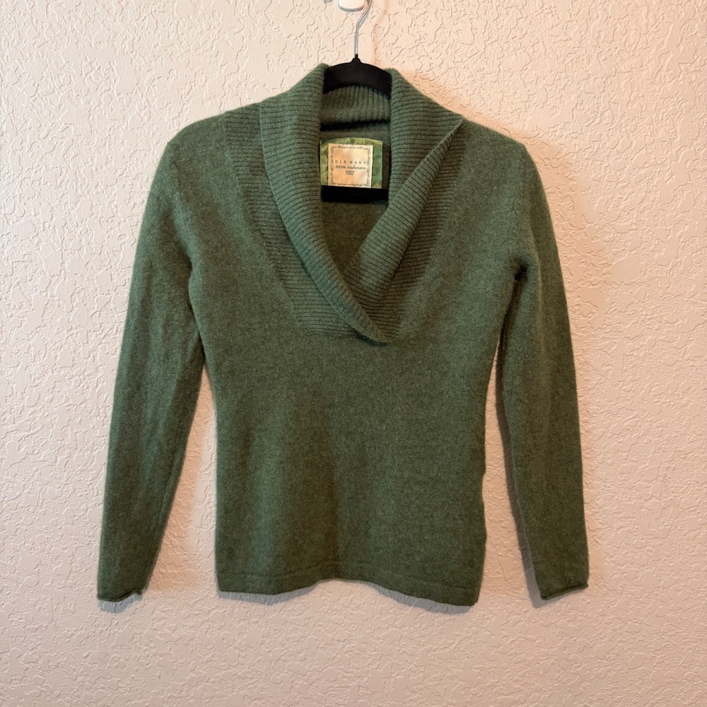 Vintage‎ Old Navy 100% Cashmere Shawl Collar Sweater Green Small Cozy